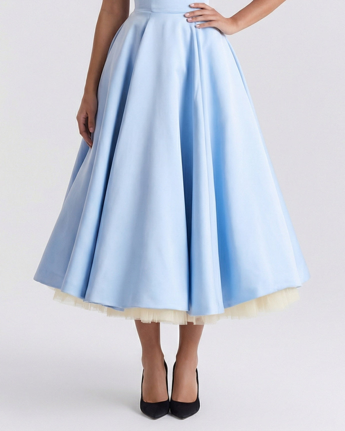 Giulia Duchess Satin Midi Dress with Tulle Underskirt – Light Blue