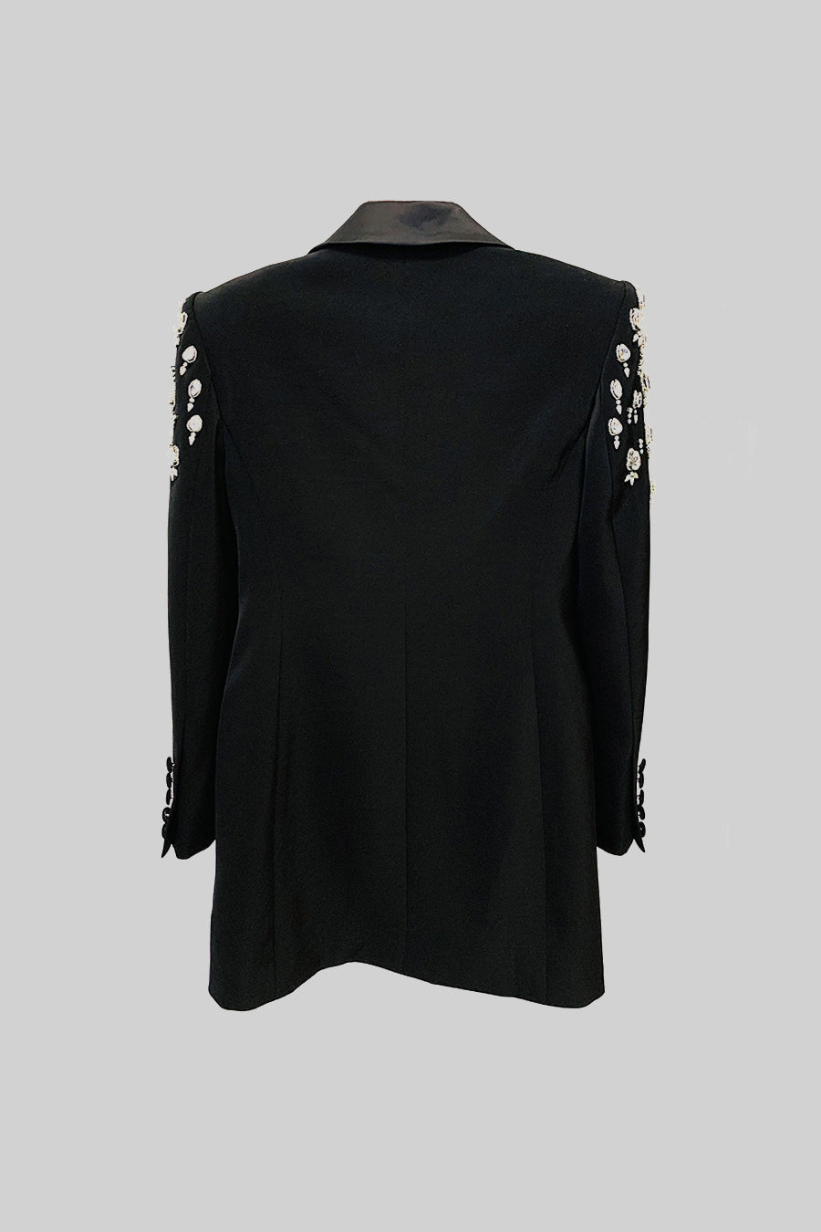 Double-Breasted Blazer with Embellished Shoulders and Satin Lapels – Black – view 12