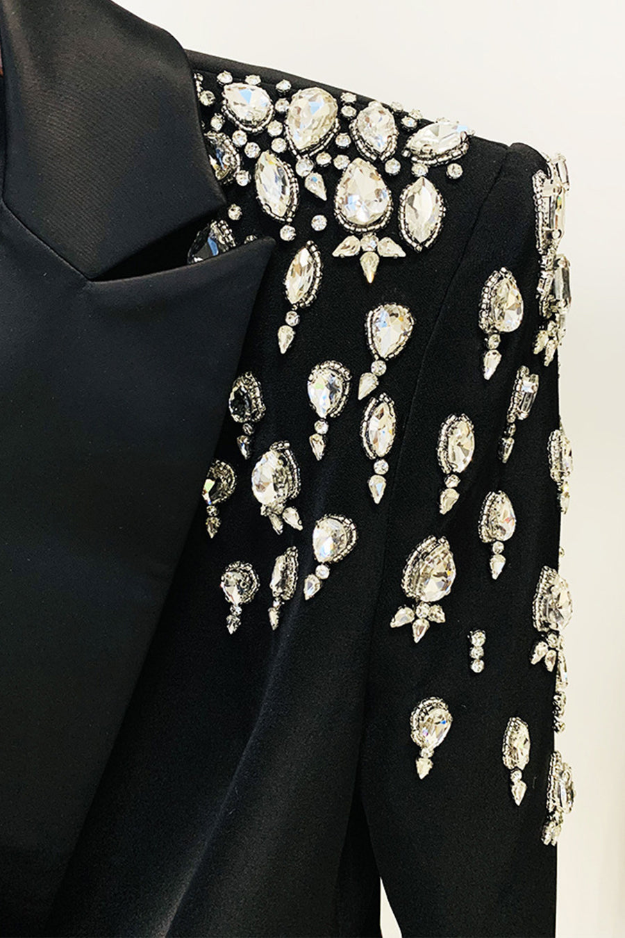 Double-Breasted Blazer with Embellished Shoulders and Satin Lapels – Black – view 13