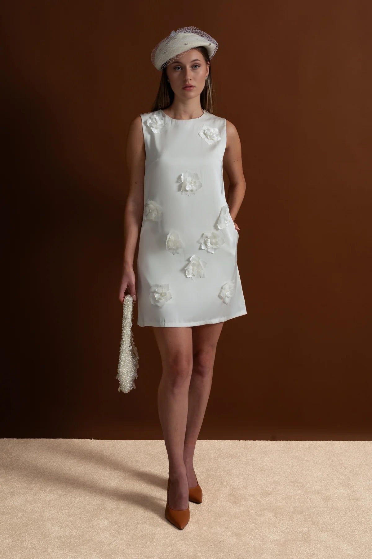 3D Floral Appliqué Round Neck Straight Mini Dress – White – view 1