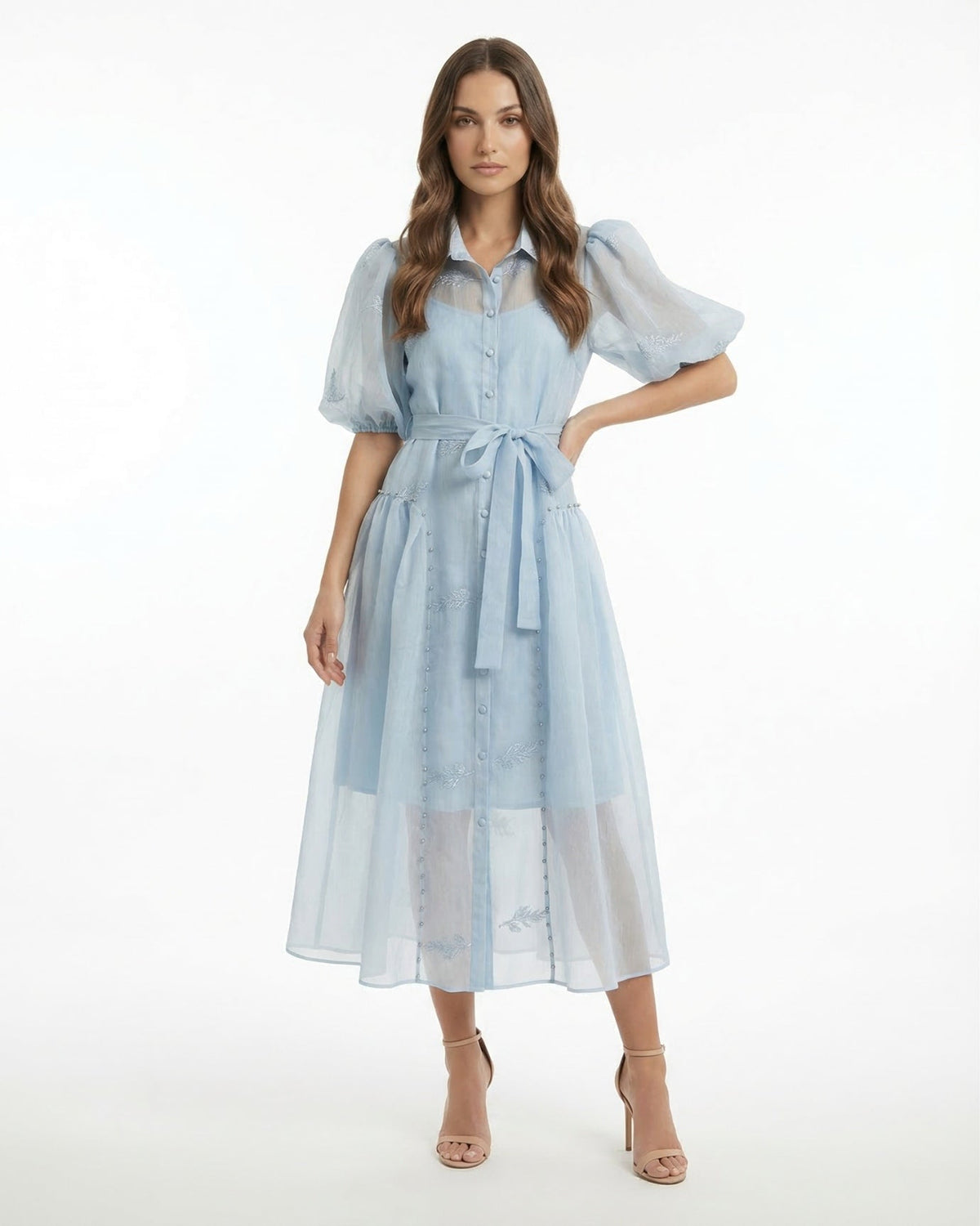 Embroidered Maxi Dress with Lapel Collar and Adjustable Tie Waist – view 10