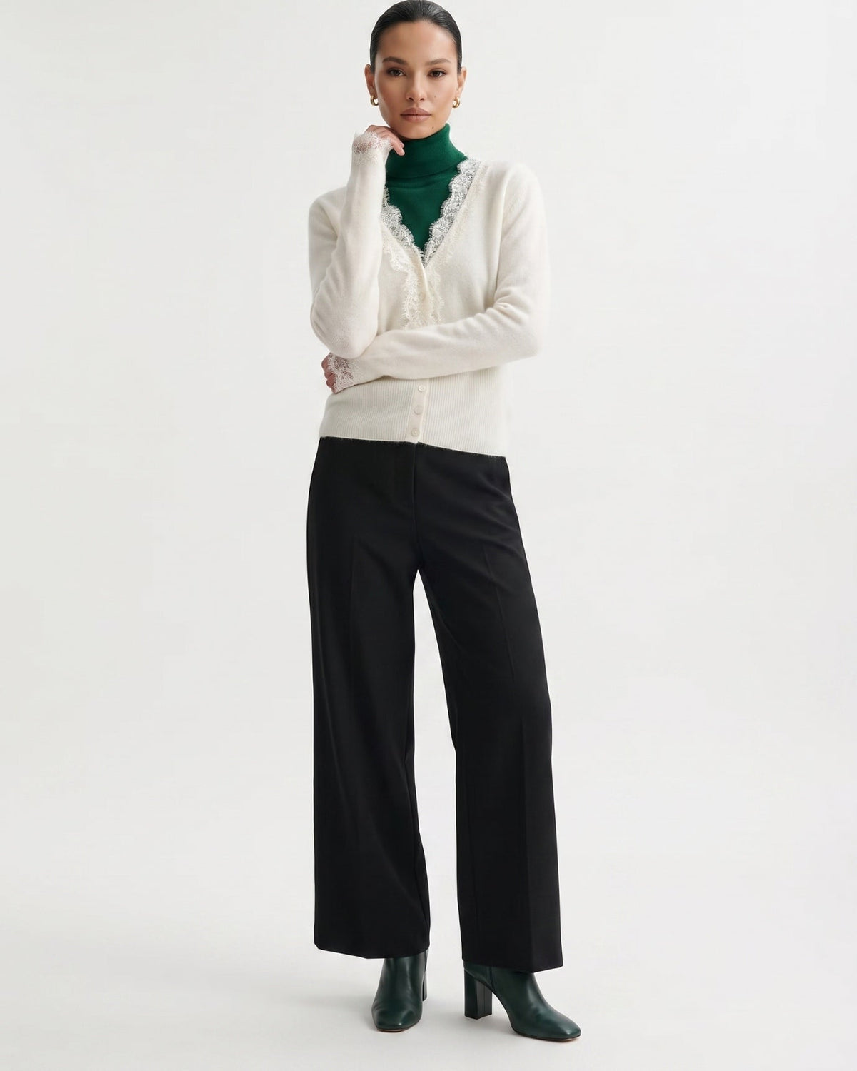 Pure Cashmere Cardigan with Lace Neckline and Cuffs – view 18