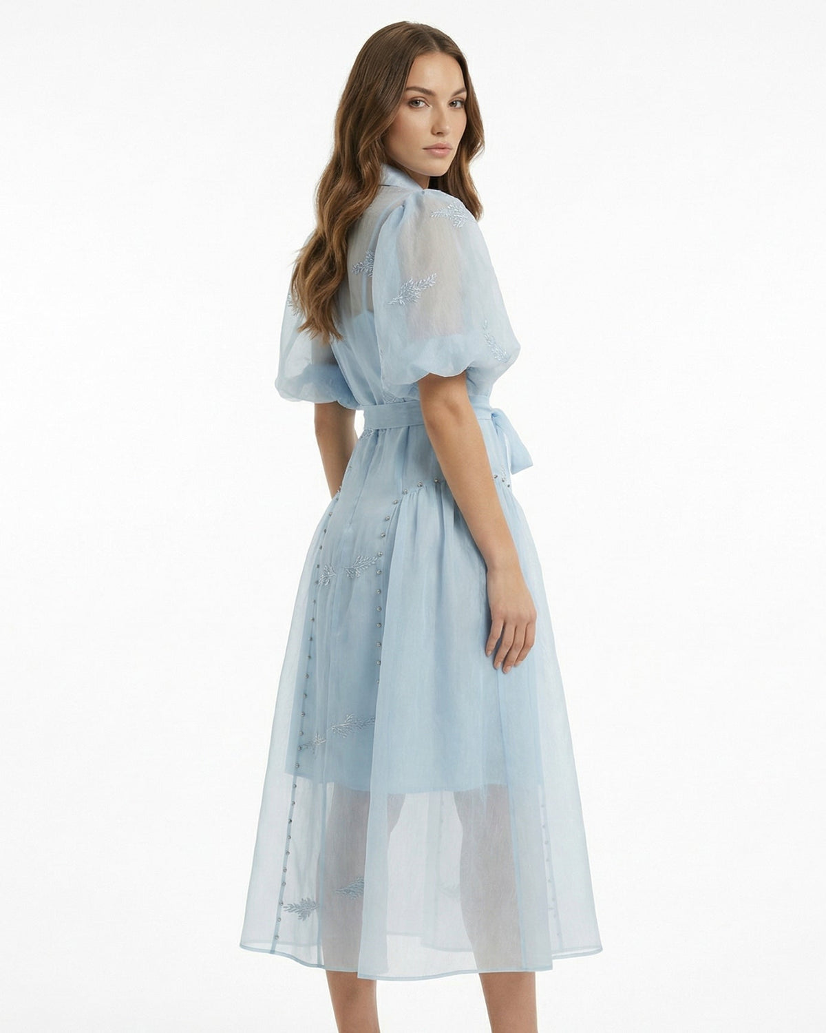 Embroidered Maxi Dress with Lapel Collar and Adjustable Tie Waist – view 11