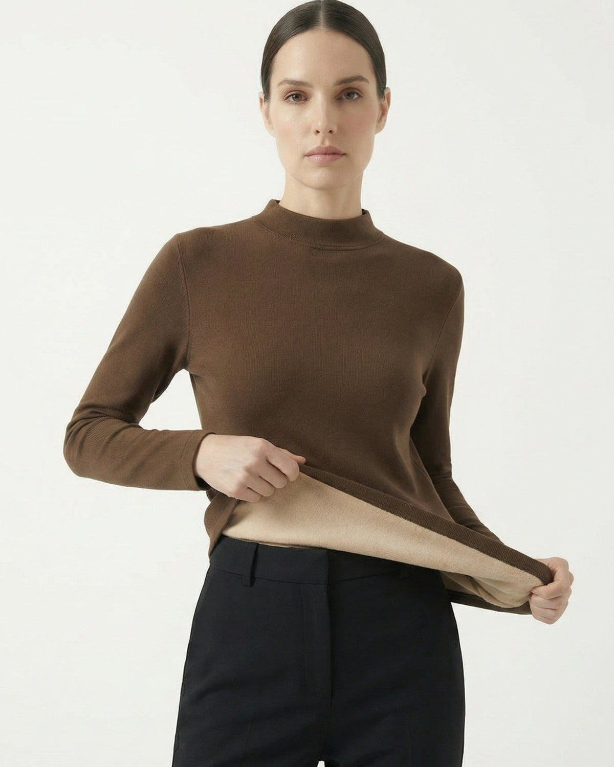 Fleece-Lined Long Sleeve T-Shirt in Tencel, Wool and Silk Blend