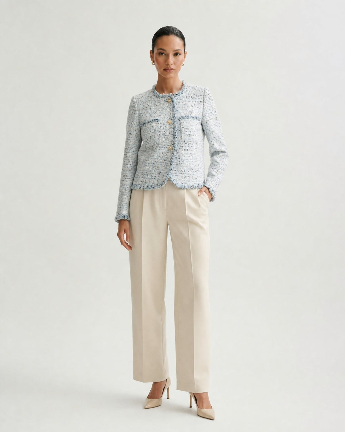 Parisian Style Woven Tweed Cardigan Jacket – Blue – view 2