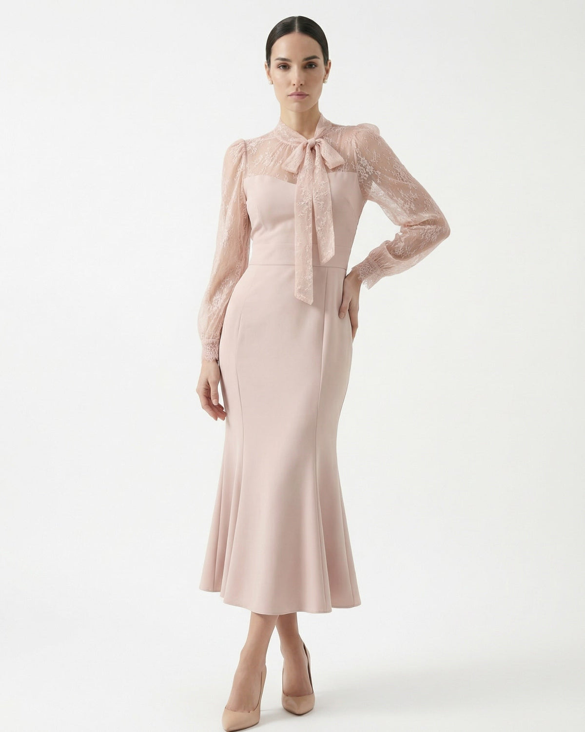 Slim Fit Stretch Lace Panel Dress with Fishtail Skirt