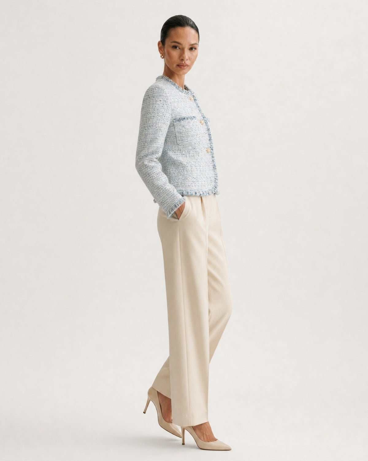 Parisian Style Woven Tweed Cardigan Jacket – Blue – view 3