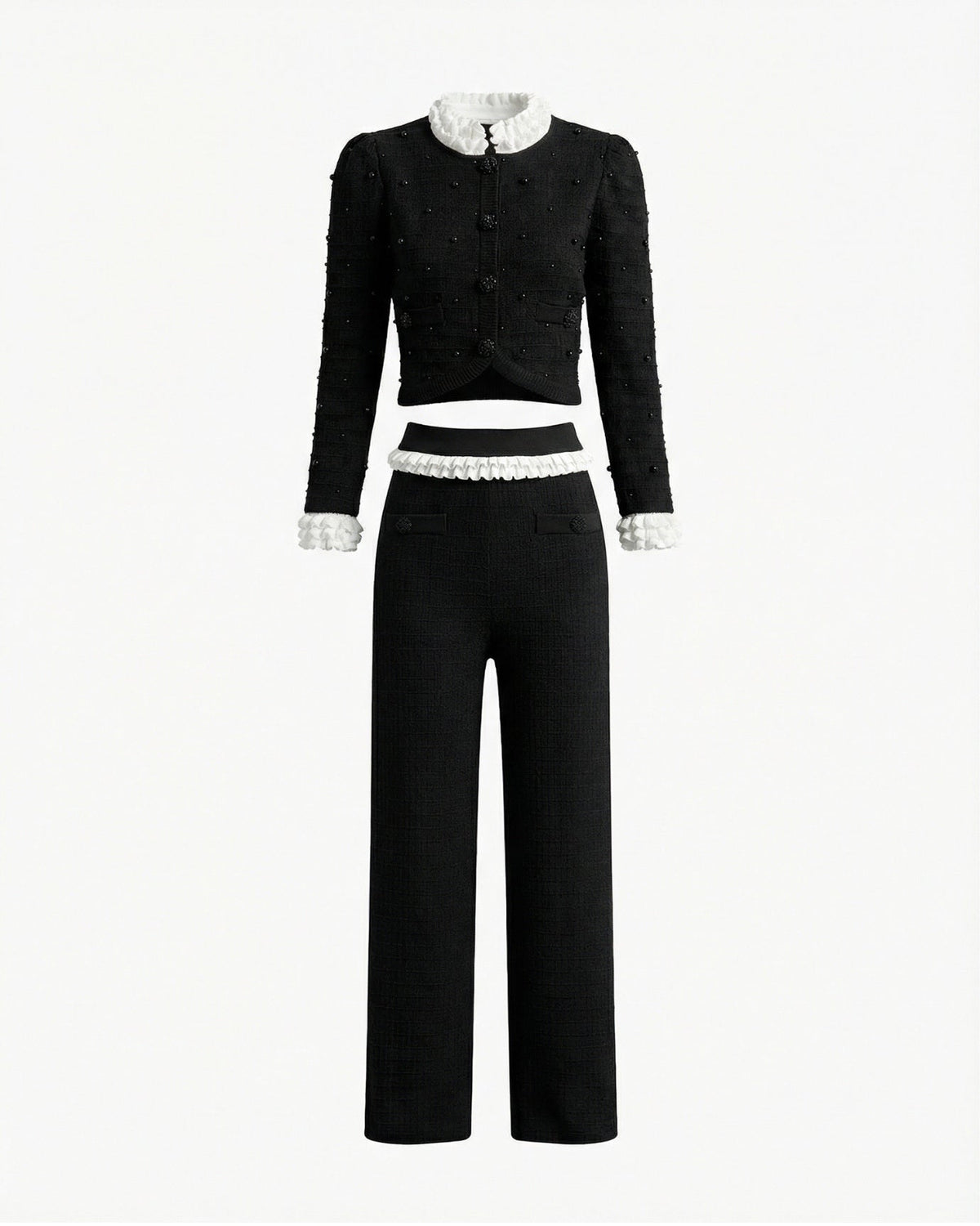 Hand-Finished Beaded Knit Cardigan and Trousers Co-ord Set – Black – view 1