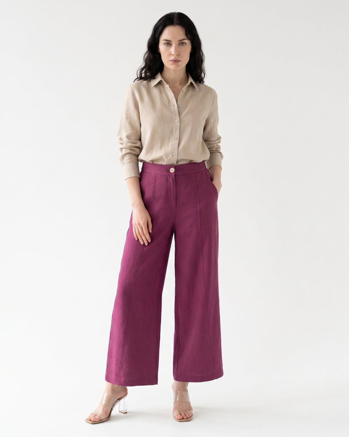 Lauren High Waisted Wide Leg Linen Blend Trousers
