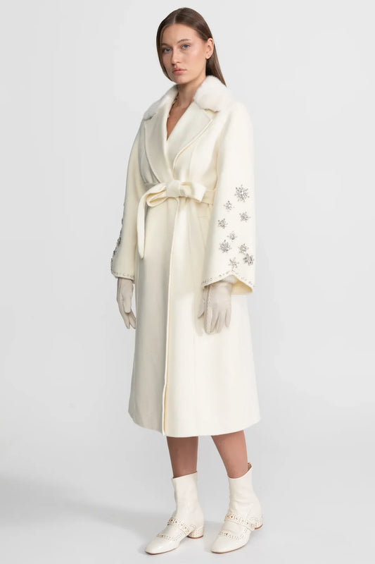 Crystal Embellished Wool Cashmere Wrap Coat – Ivory