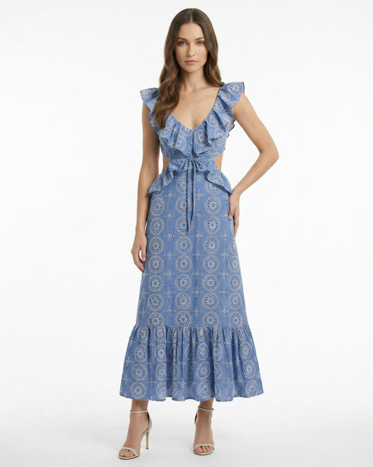 Mykonos Embroidered Tailored Stretch Dress – Blue Floral