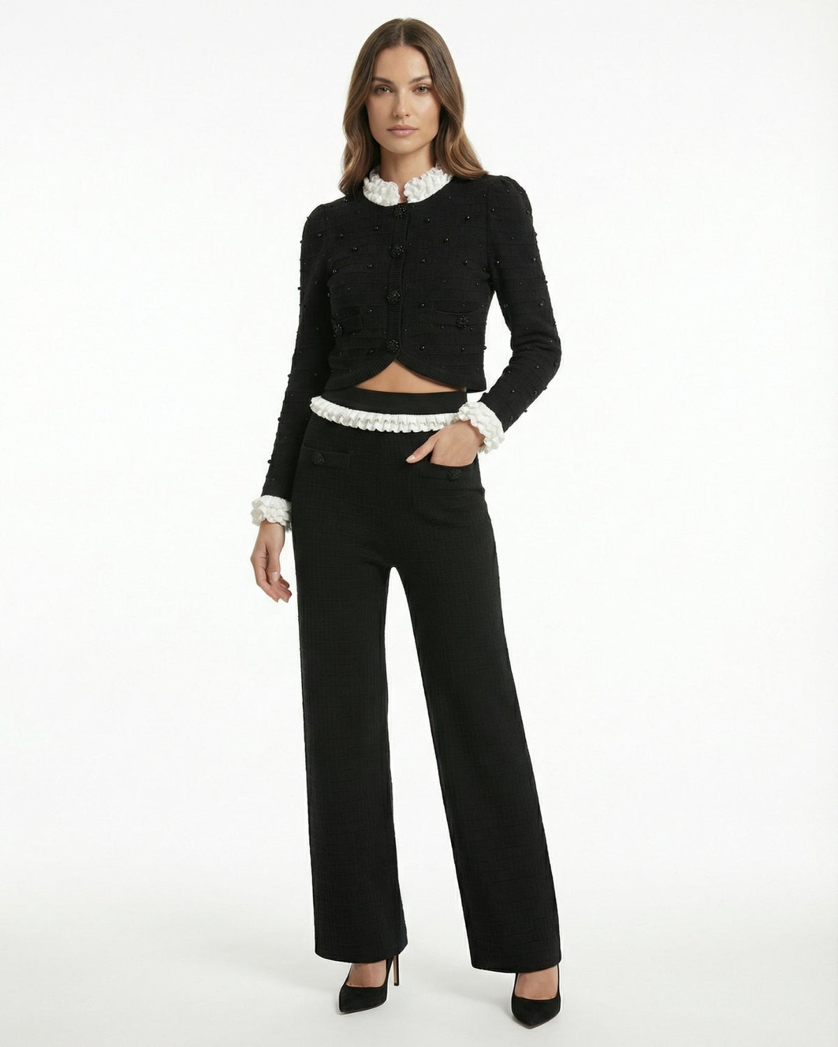 Hand-Finished Beaded Knit Cardigan and Trousers Co-ord Set