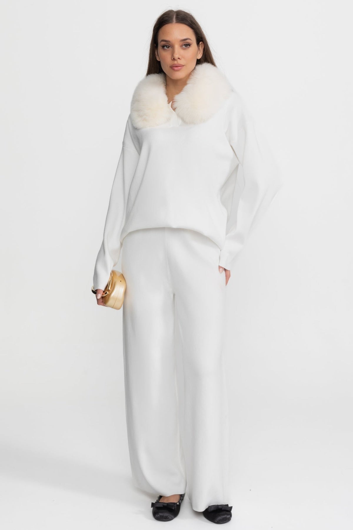 Knit Lounge Top and Straight Leg Trousers Set – White – view 3