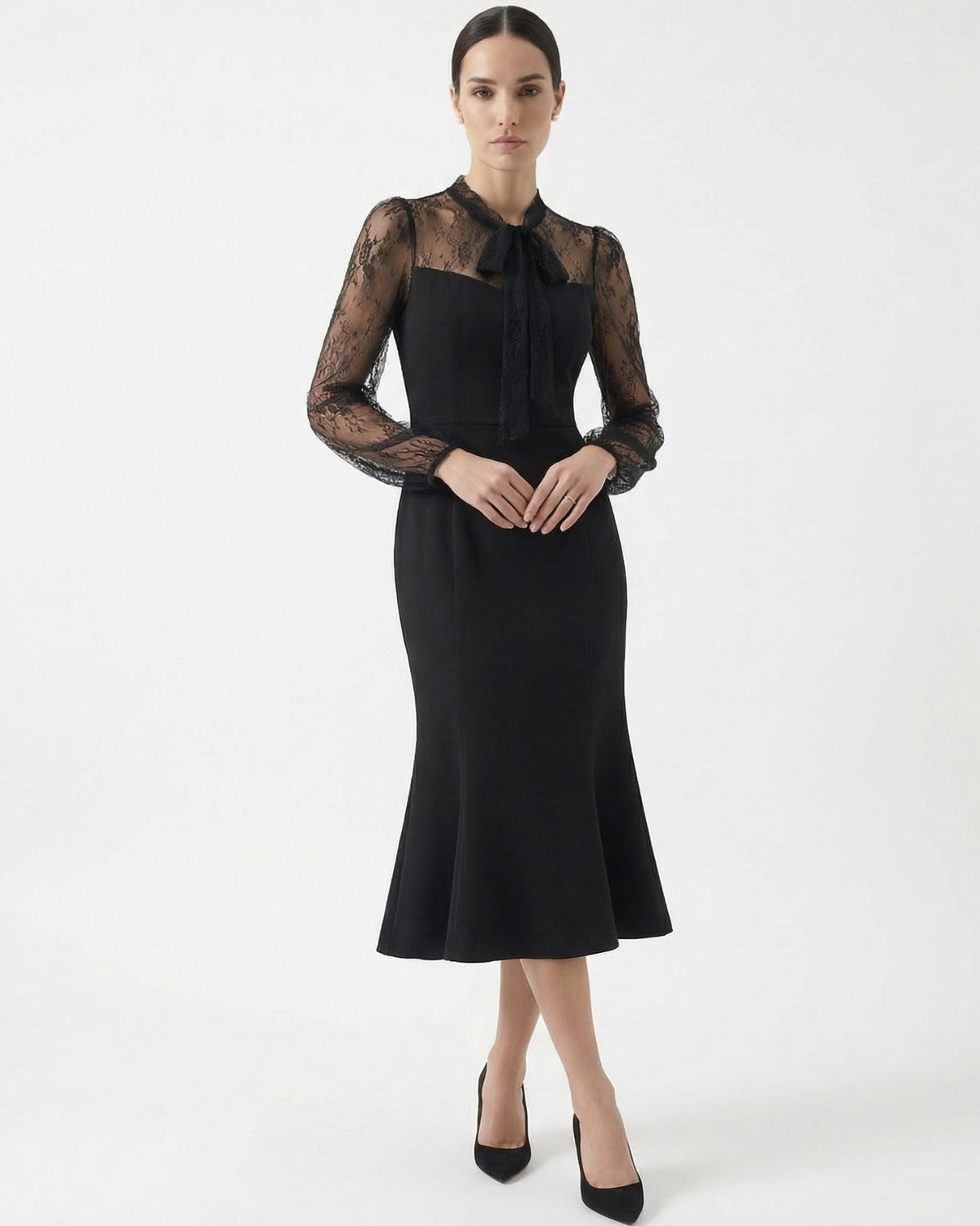 Slim Fit Stretch Lace Panel Dress with Fishtail Skirt – view 7