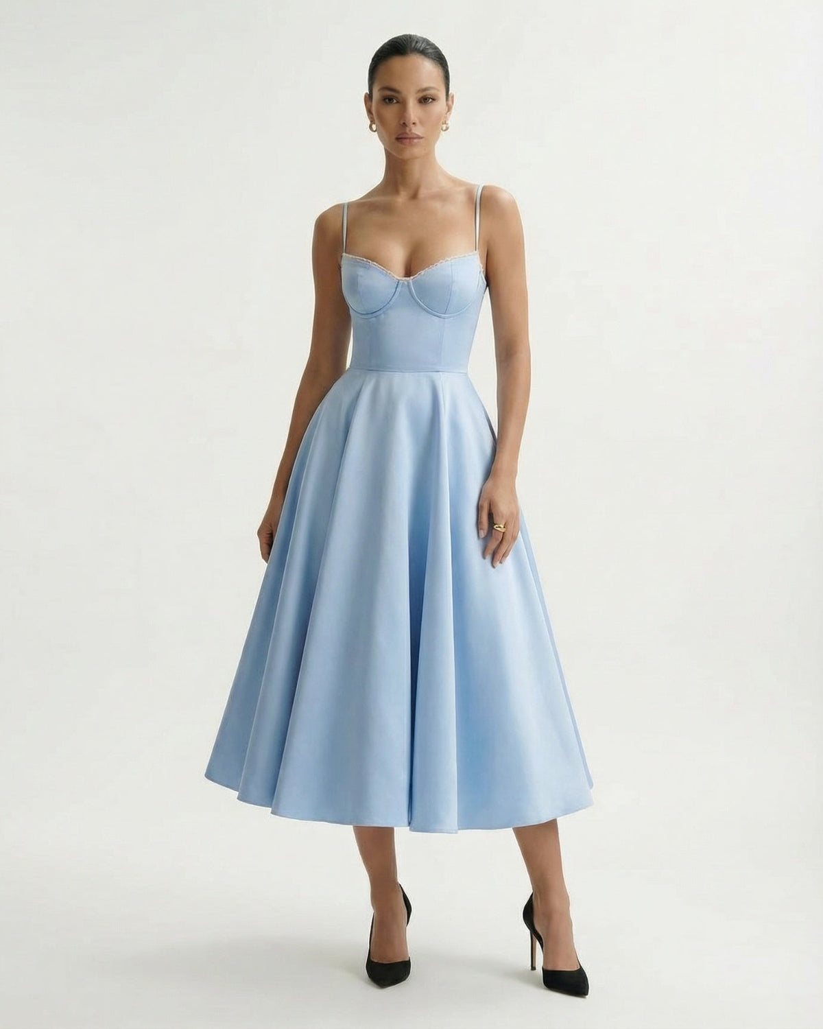 Giulia Duchess Satin Midi Dress with Tulle Underskirt – Light Blue
