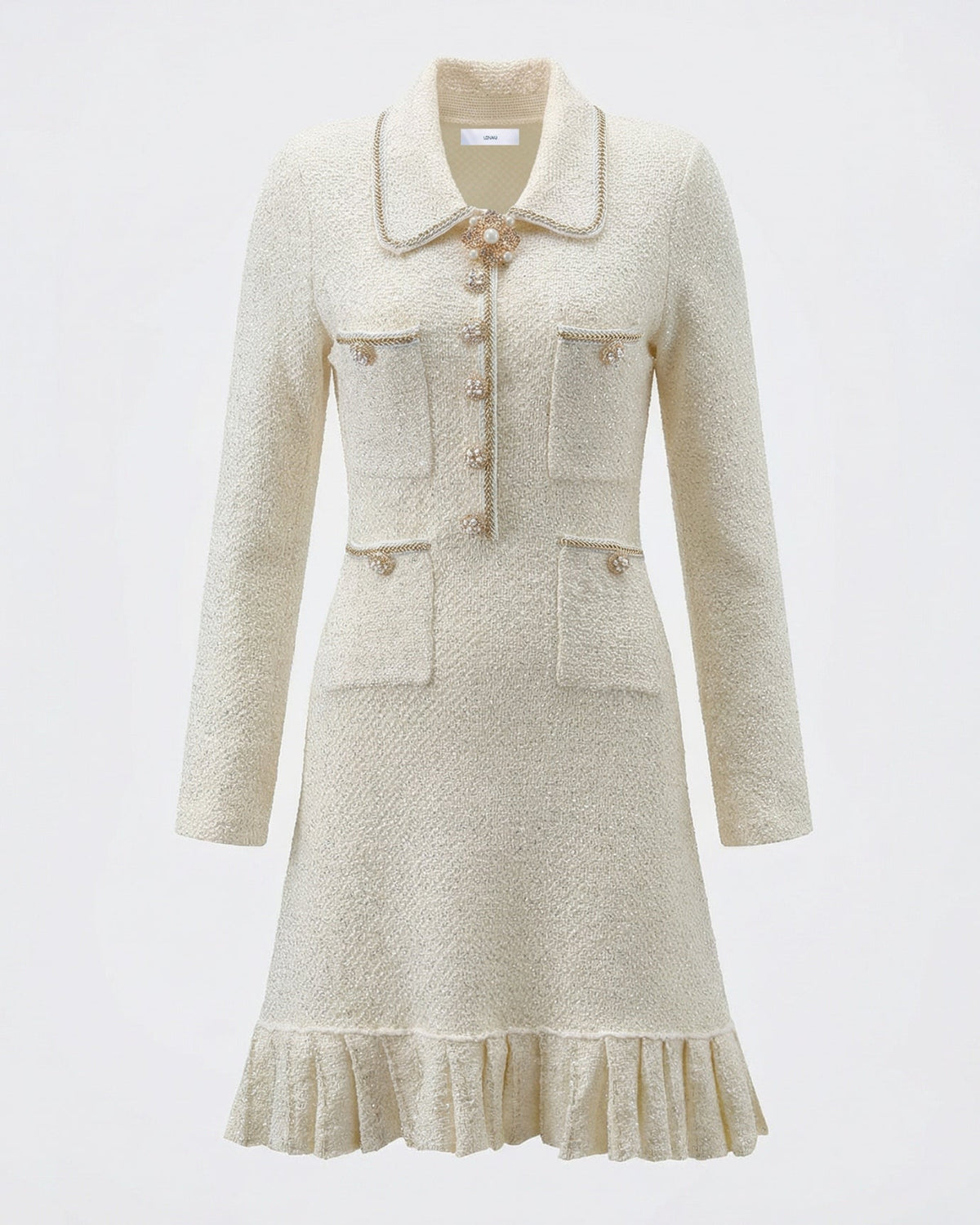 Pleated Wool Blend Dress with Diamond Buckle and Lace Accents – Ivory – view 1