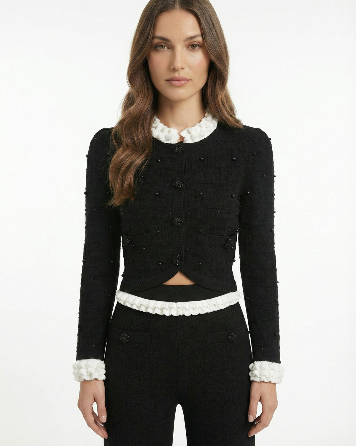 Hand-Finished Beaded Knit Cardigan and Trousers Co-ord Set – view 4