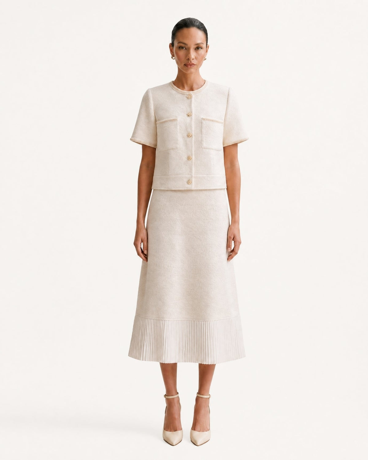 Three-Quarter Sleeve Top and Panelled Pleated Skirt Set – Apricot – view 2