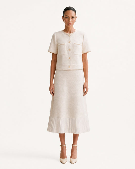 Three-Quarter Sleeve Top and Panelled Pleated Skirt Set – Apricot – view 2