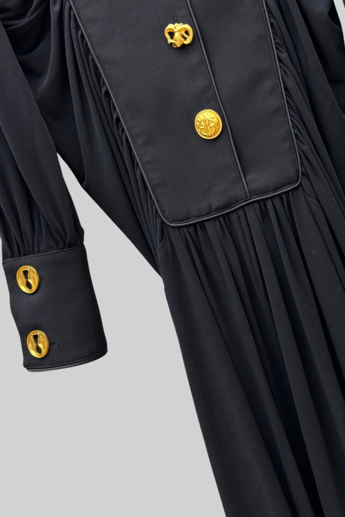 High Neck Long Sleeve Maxi Dress with Gold Statement Buttons – Black – view 12