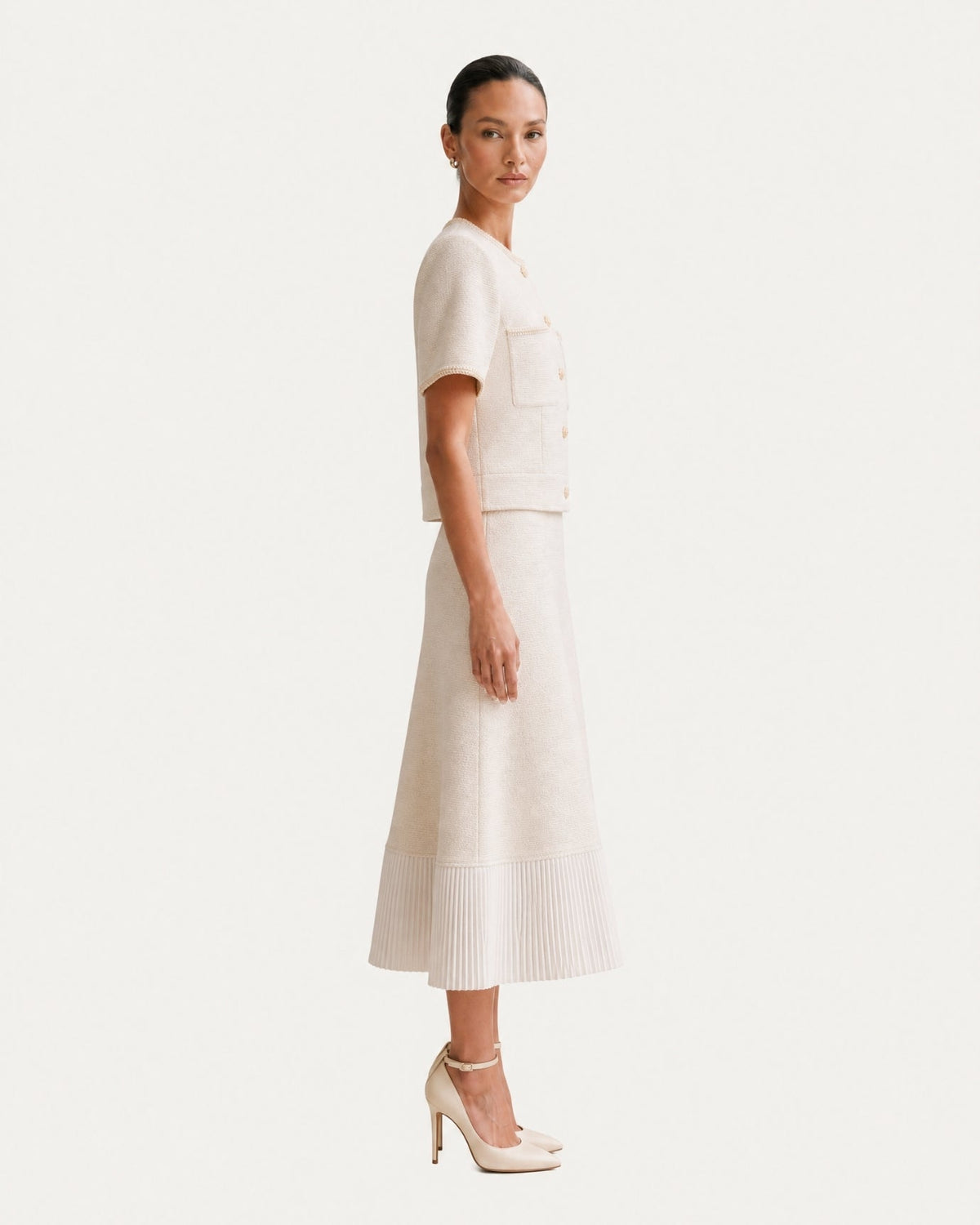 Three-Quarter Sleeve Top and Panelled Pleated Skirt Set – Apricot – view 3