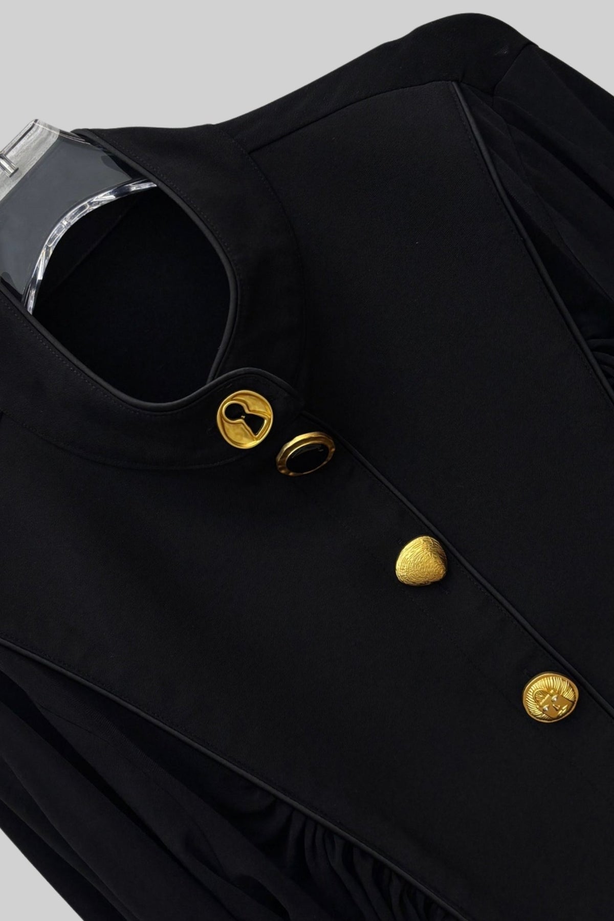 High Neck Long Sleeve Maxi Dress with Gold Statement Buttons – Black – view 13
