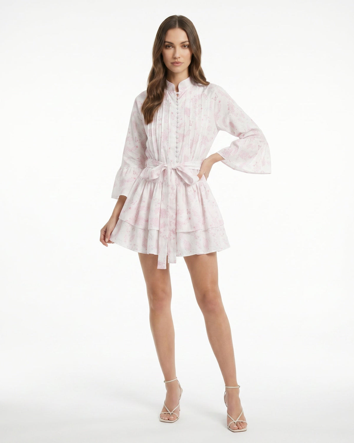Floral Lace-Up Front A-Line Linen Dress – Pink