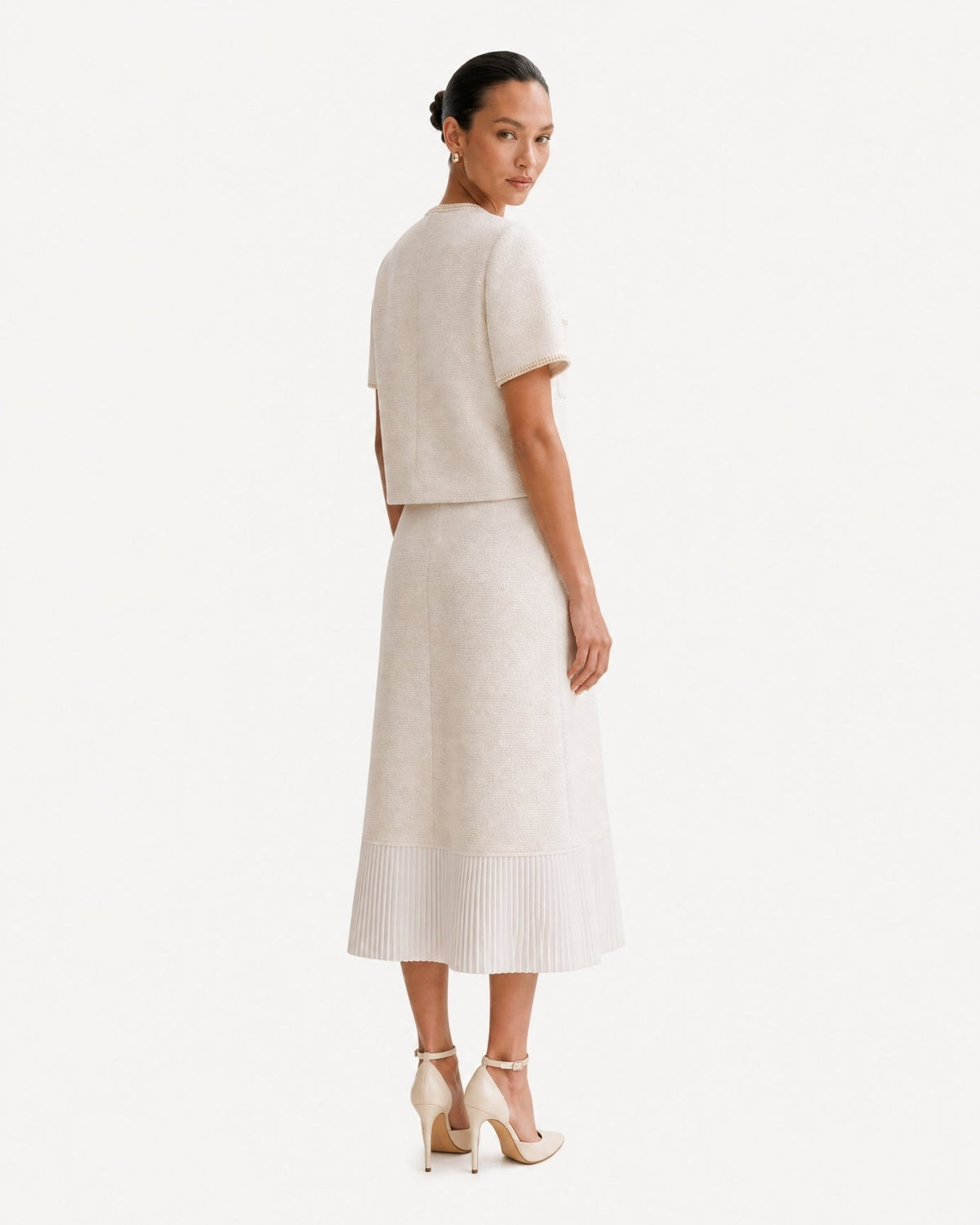 Three-Quarter Sleeve Top and Panelled Pleated Skirt Set – Apricot – view 4