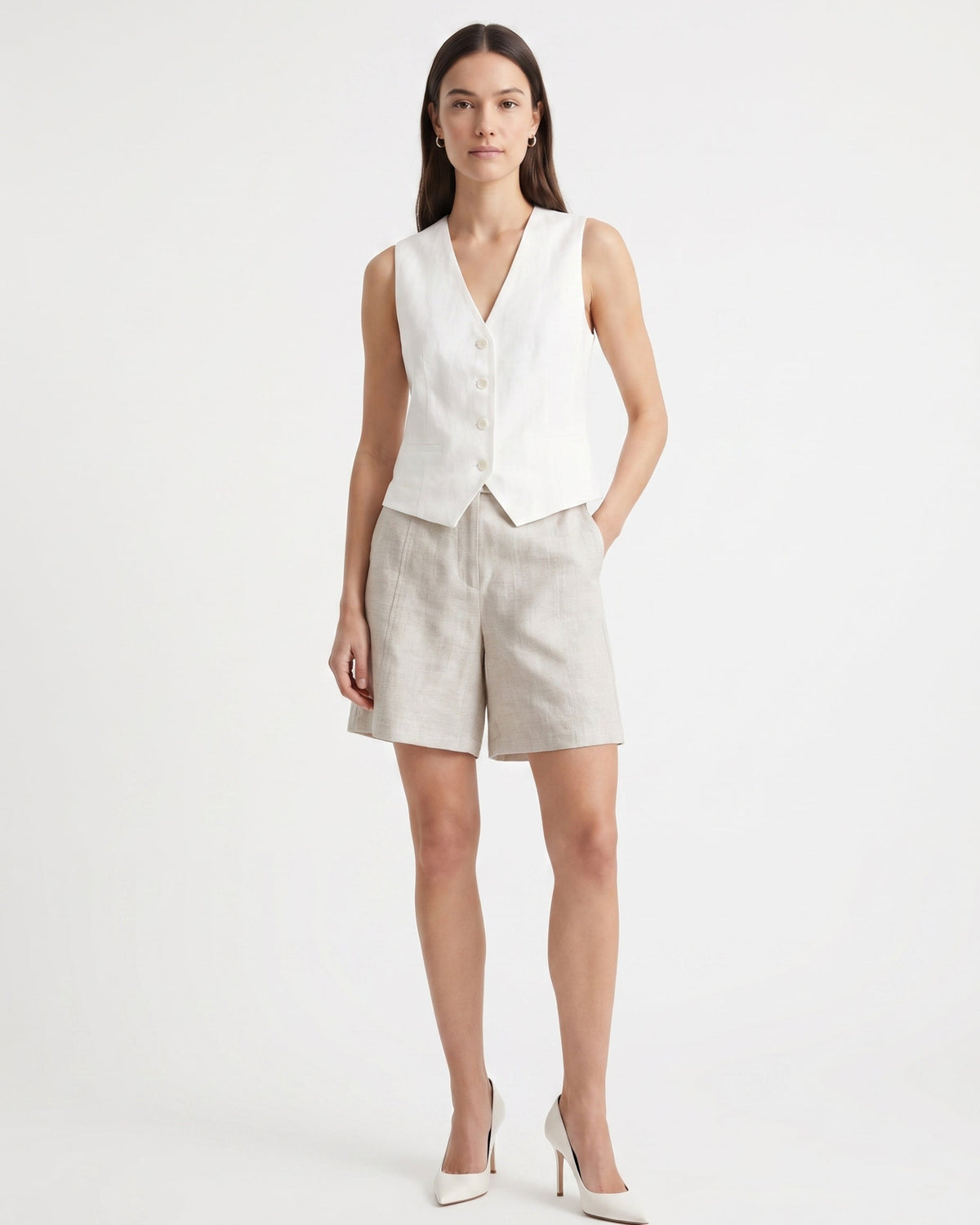 Maria High Waisted Linen Shorts with Pleated Waist – view 2