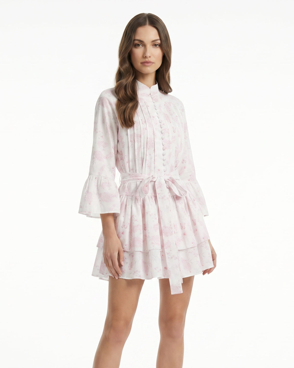 Floral Lace-Up Front A-Line Linen Dress – Pink – view 3