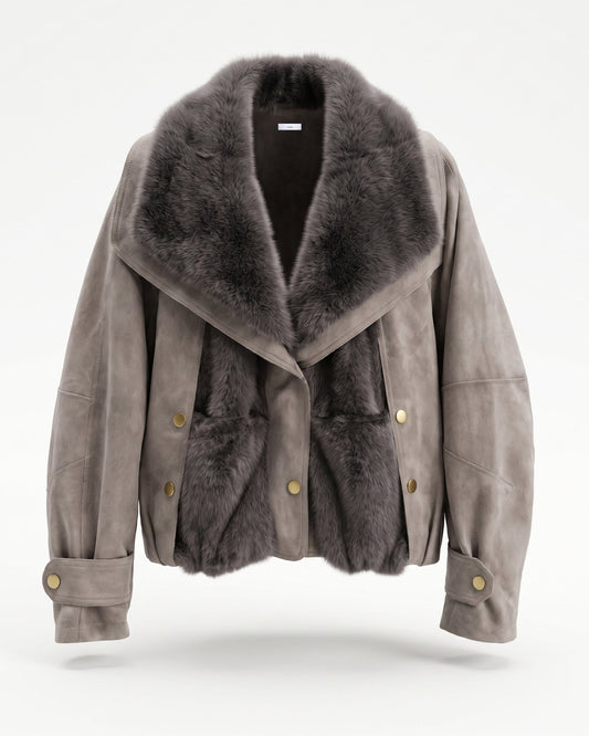 Goose Down Short Suede Coat with Integrated Trim Detailing