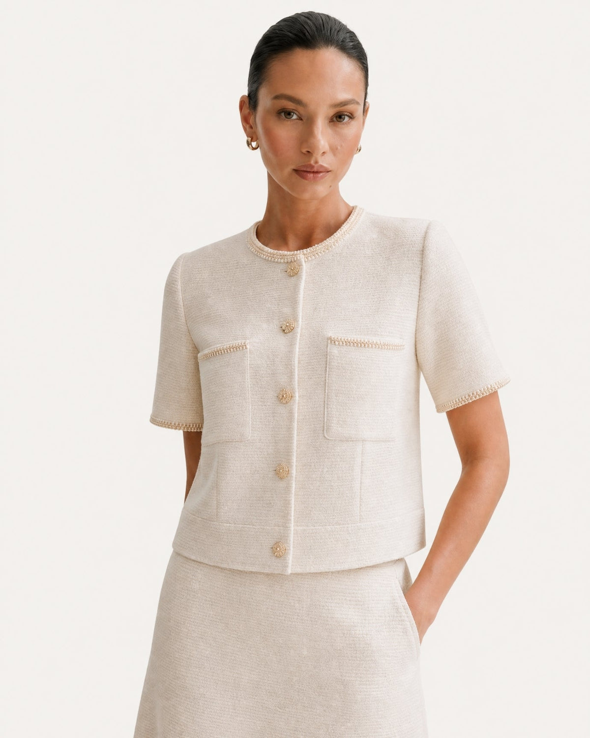 Three-Quarter Sleeve Top and Panelled Pleated Skirt Set – Apricot – view 5