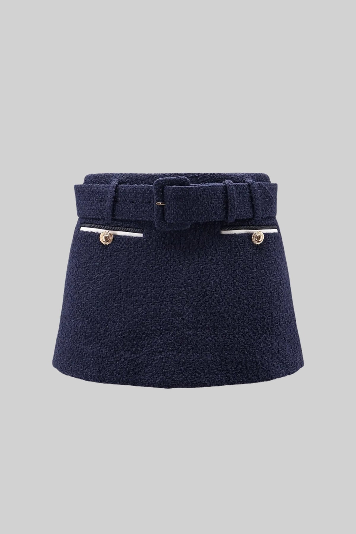 Belted Tweed Mini Skirt with Contrast Trim Flap Pockets – Navy – view 5