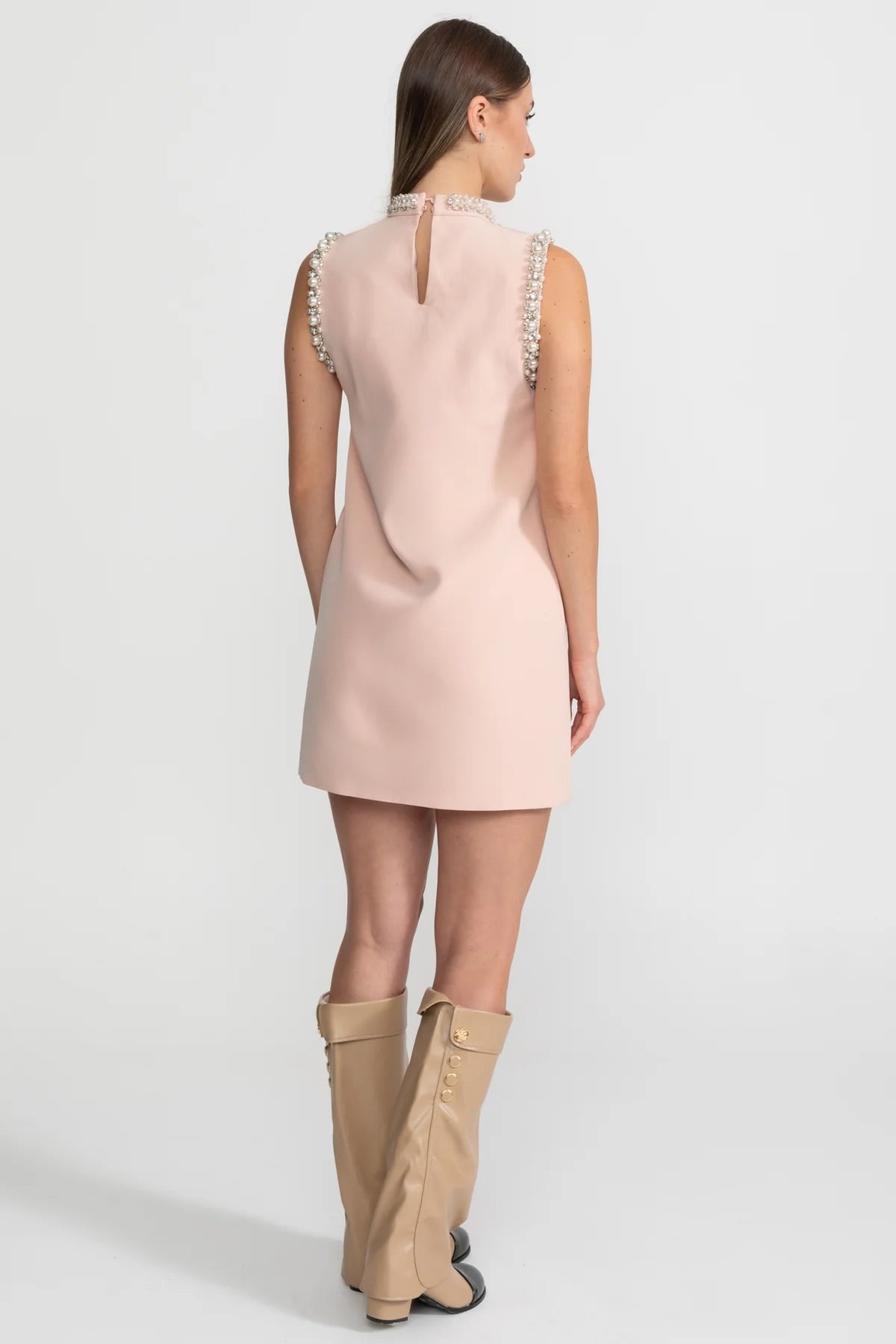 Pearl and Crystal Embellished High Neck Sleeveless Mini Dress – Blush Pink – view 8