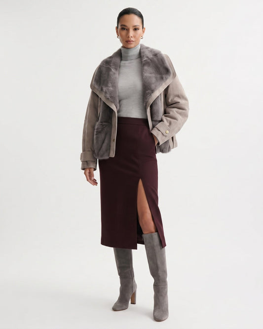 Goose Down Short Suede Coat with Integrated Trim Detailing