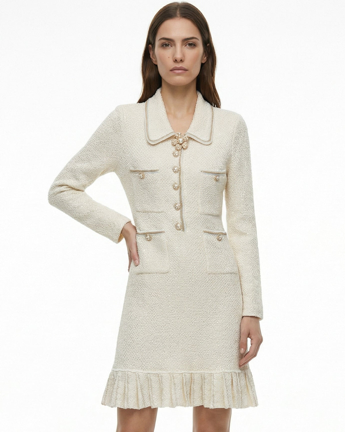 Pleated Wool Blend Dress with Diamond Buckle and Lace Accents – view 2