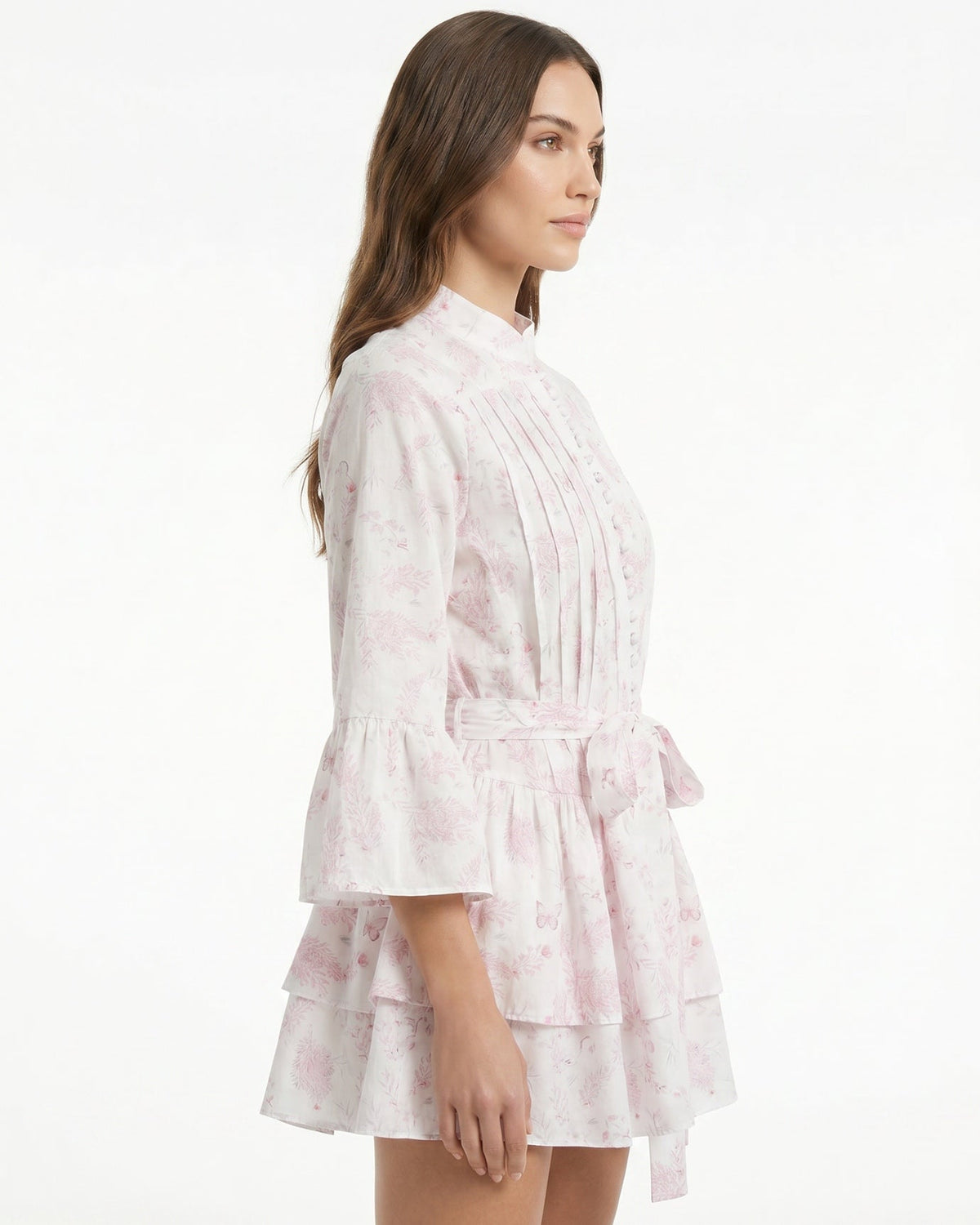 Floral Lace-Up Front A-Line Linen Dress – Pink