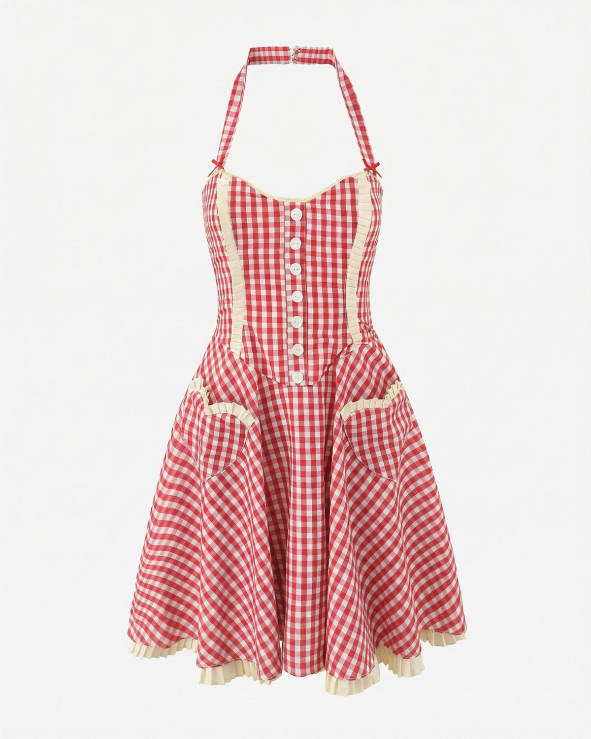 Plaid Halter Neck Pleated Mini Dress with Heart Pockets – Red