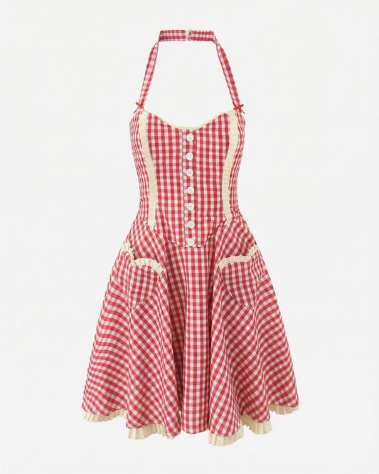 Plaid Halter Neck Pleated Mini Dress with Heart Pockets – Red