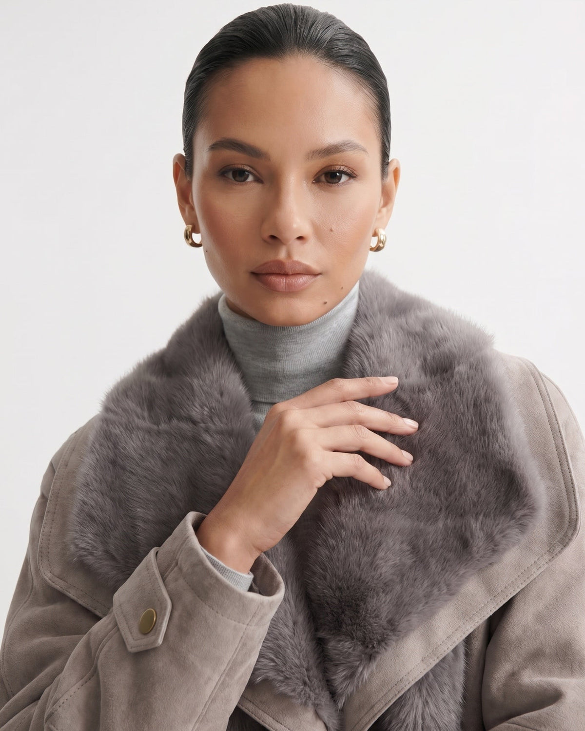 Goose Down Short Suede Coat with Integrated Trim Detailing – view 3