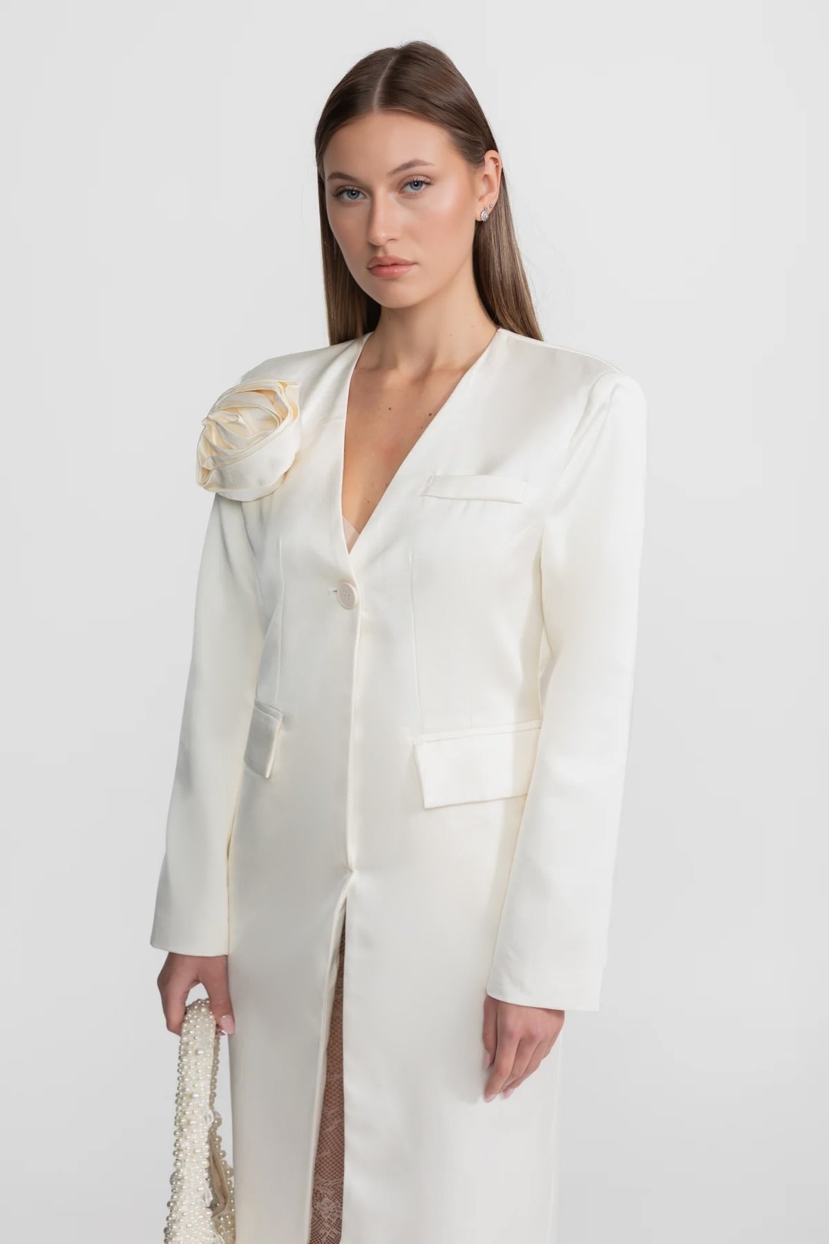 Satin Single-Breasted Blazer Dress with Rose Detail – Ivory – view 2
