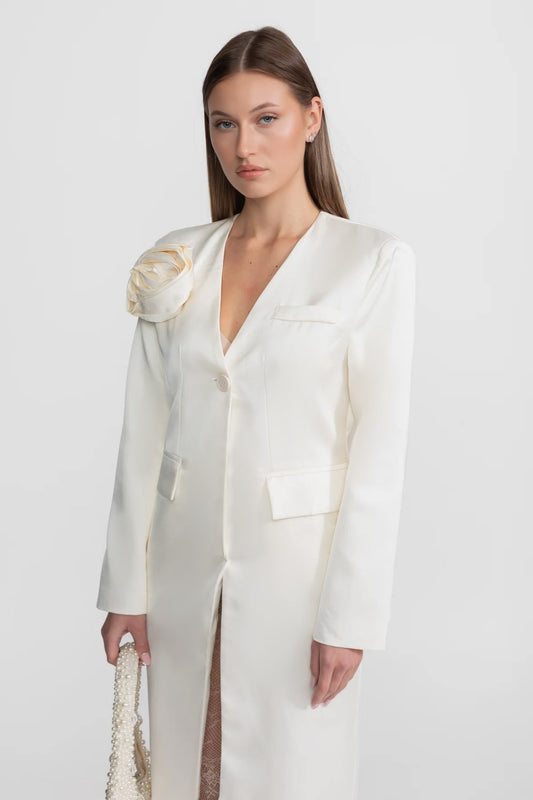 Satin Single-Breasted Blazer Dress with Rose Detail – Ivory – view 2