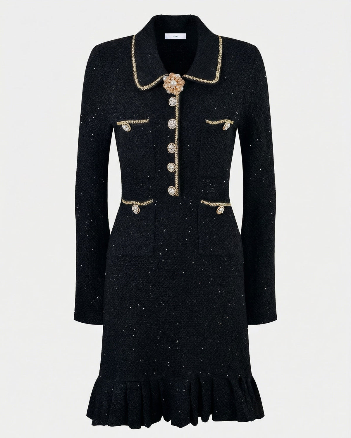 Pleated Wool Blend Dress with Diamond Buckle and Lace Accents