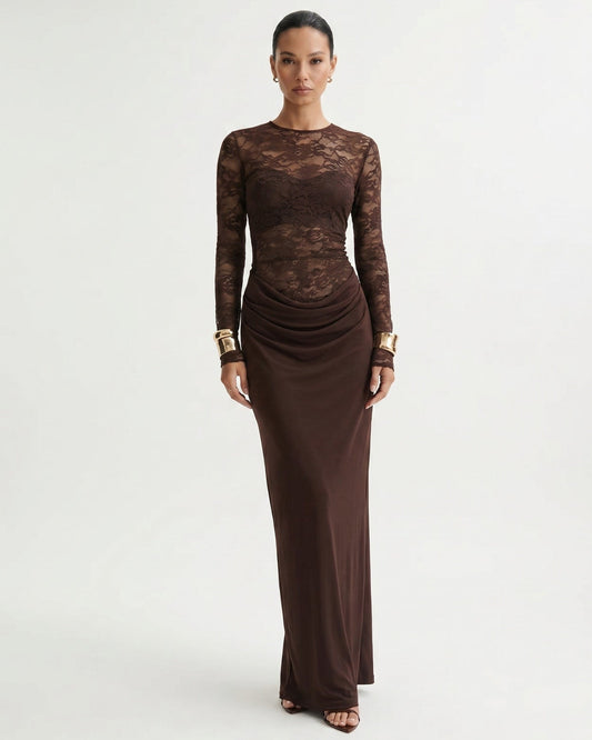 Lace Panelled Stretch Dress with Sheer and Opaque Contrast