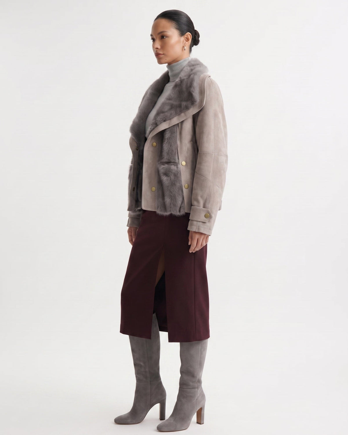 Goose Down Short Suede Coat with Integrated Trim Detailing