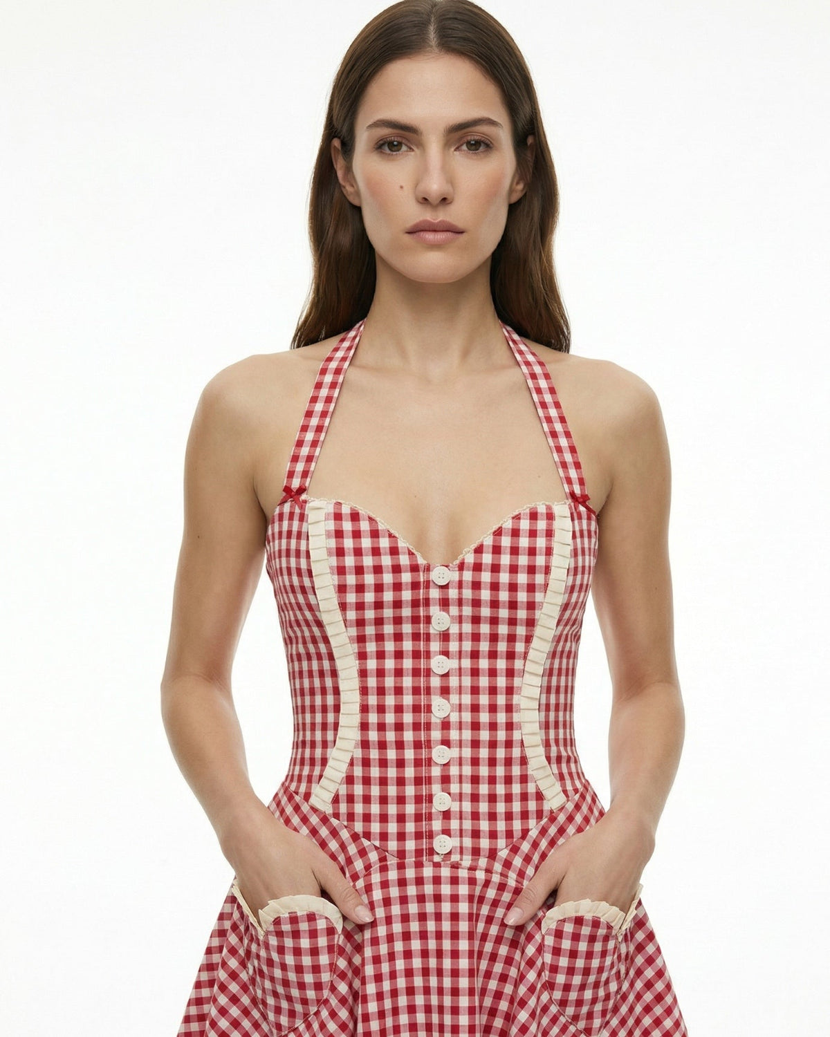 Plaid Halter Neck Pleated Mini Dress with Heart Pockets – Red – view 3