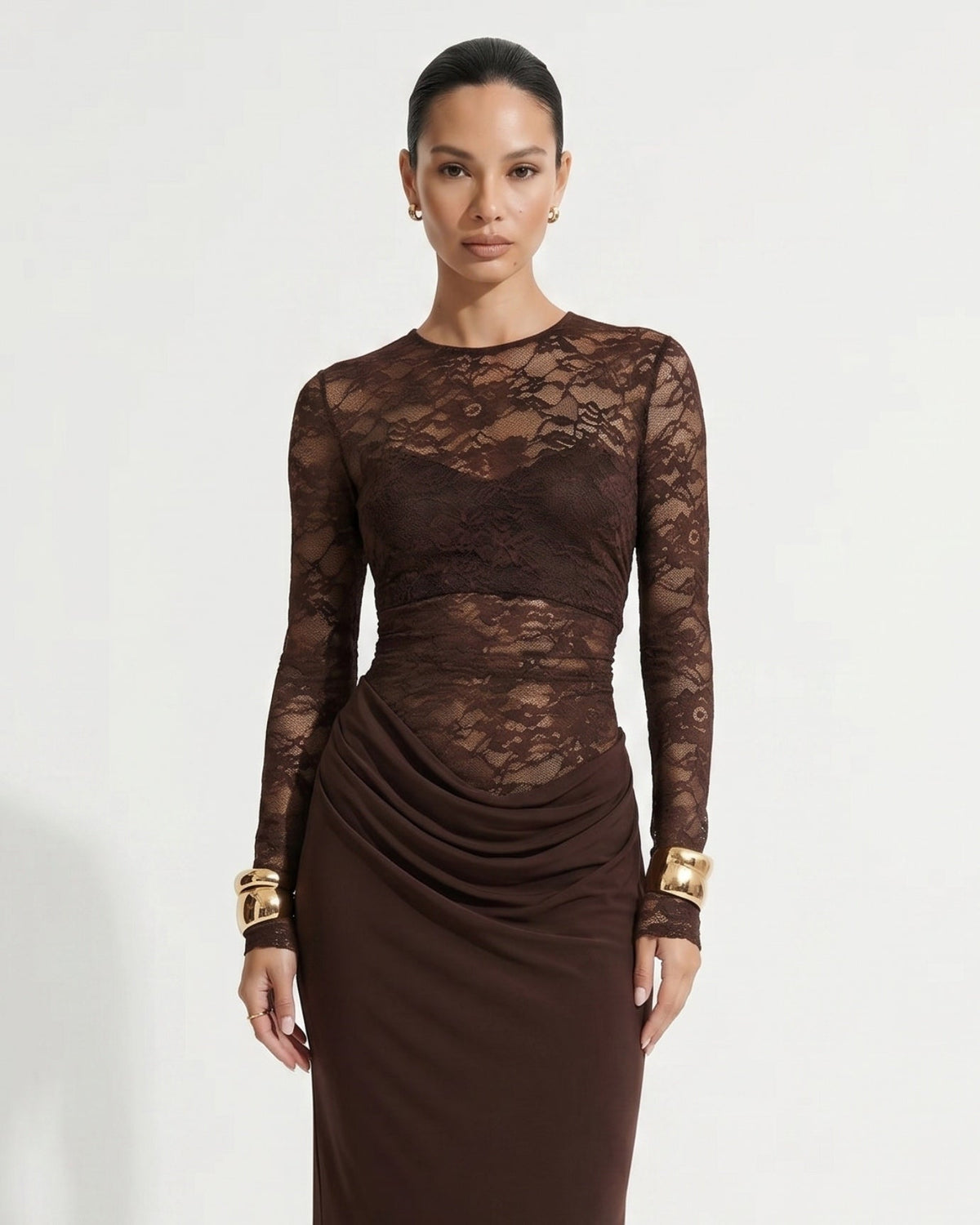 Lace Panelled Stretch Dress with Sheer and Opaque Contrast – view 3