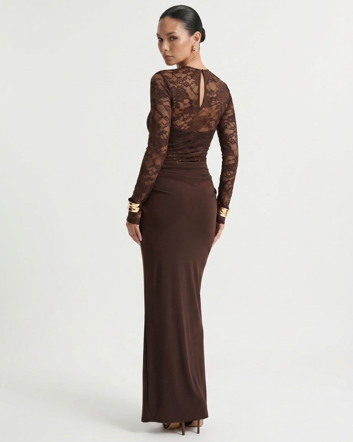 Lace Panelled Stretch Dress with Sheer and Opaque Contrast