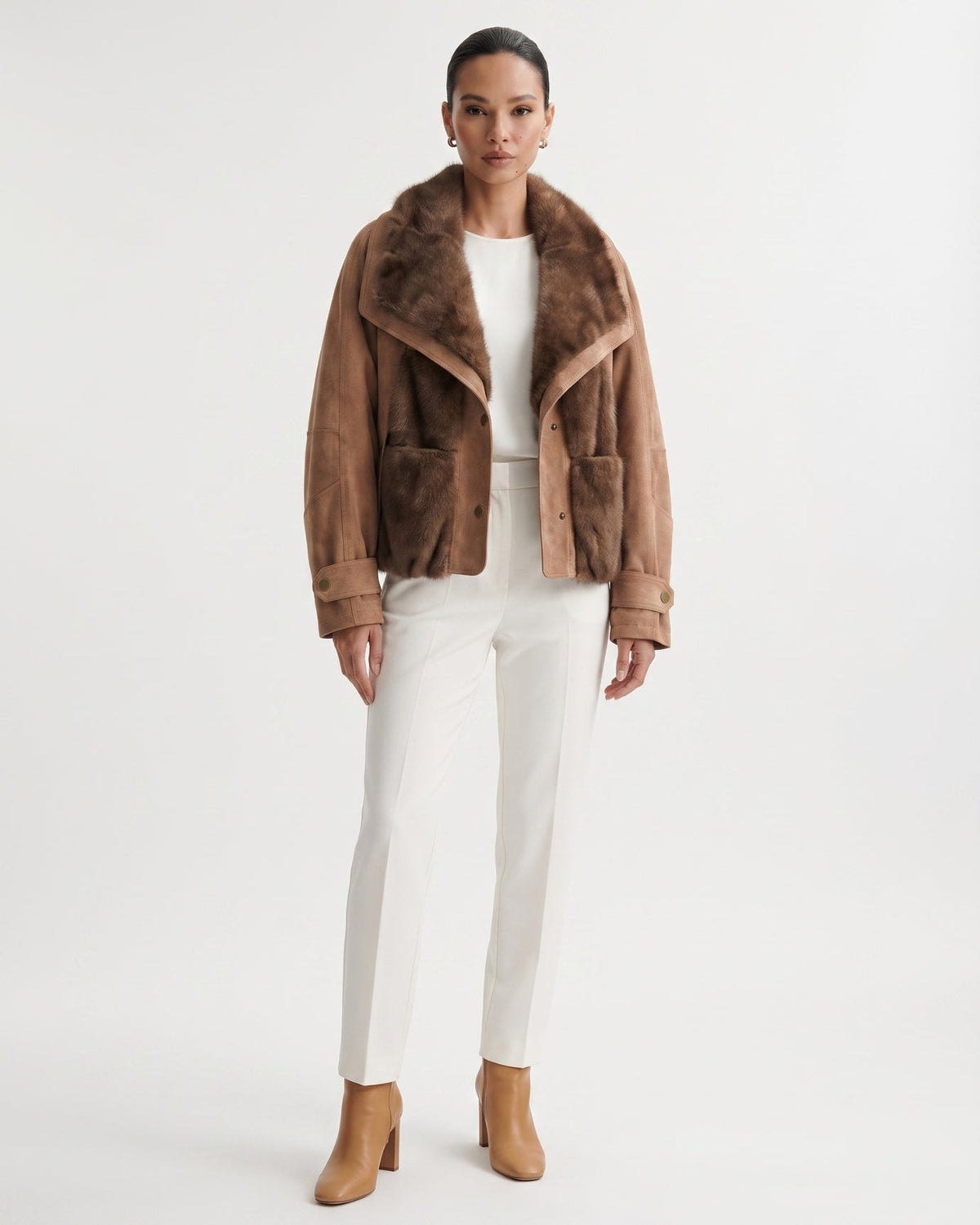 Goose Down Short Suede Coat with Integrated Trim Detailing