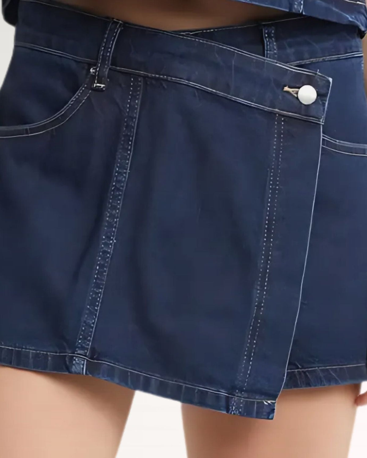 New York High Rise Denim Wrap Skort with Button Front – Navy Blue